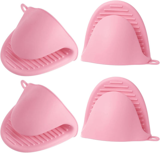 4pcs Thickened Mini Oven Gloves, Heat Resistant Silicone Oven Mitts Finger Pinch Grips Pot Holder for Kitchen, Cooking, Baking, BBQ Heat Resistant Gloves, Pink