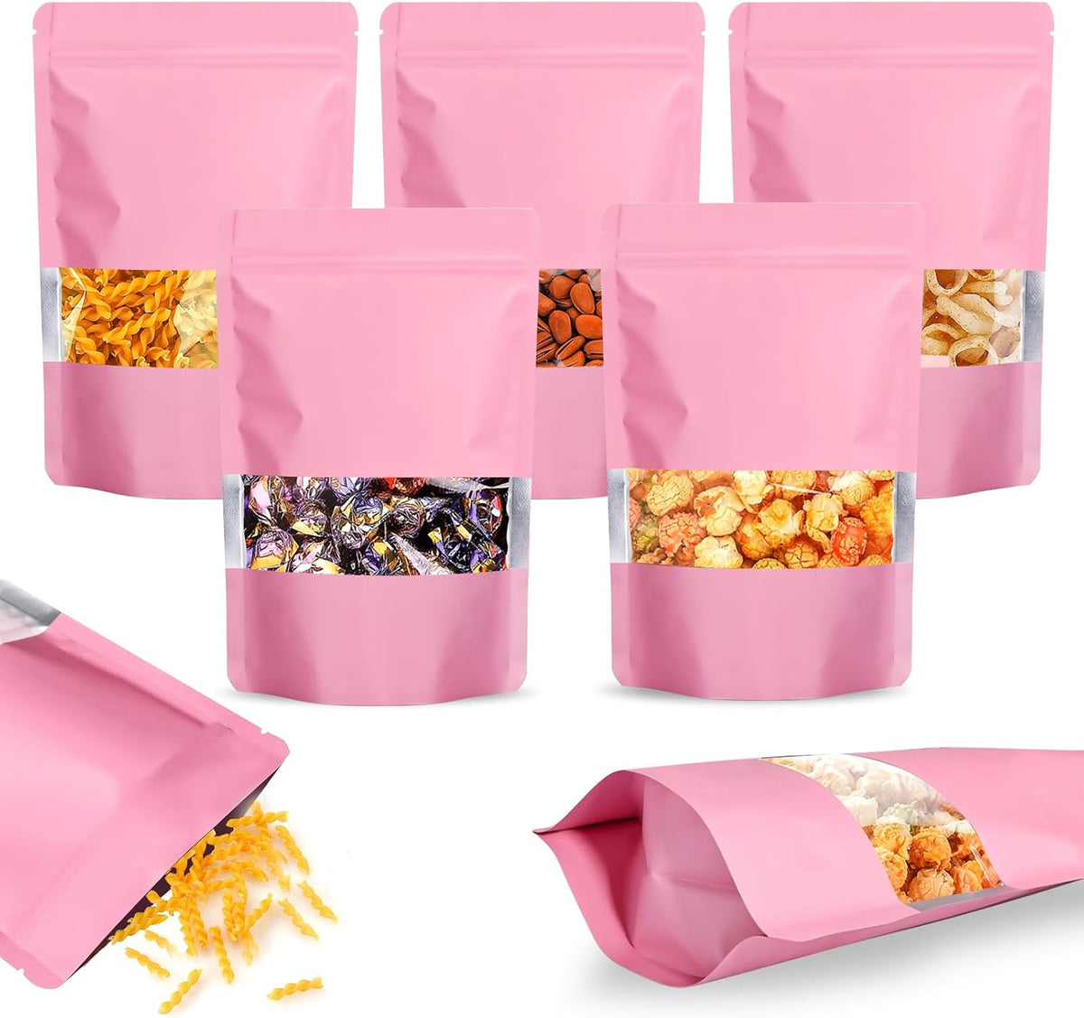 100PCS Mylar Bags for Food Storage, Smell Proof Bags Resealable Food Packaging for Small Business Stand Up Pouches with Window, 3.5" x5.1", Pink