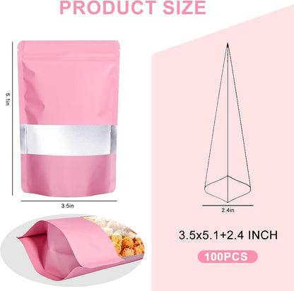 100PCS Mylar Bags for Food Storage, Smell Proof Bags Resealable Food Packaging for Small Business Stand Up Pouches with Window, 3.5" x5.1", Pink