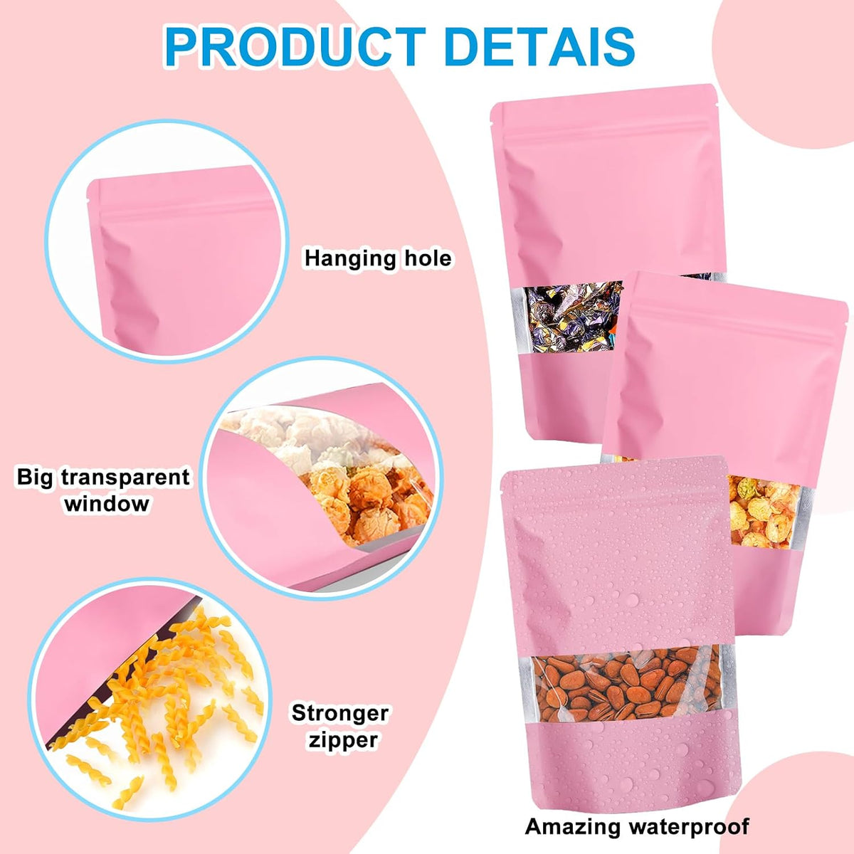 100PCS Mylar Bags for Food Storage, Smell Proof Bags Resealable Food Packaging for Small Business Stand Up Pouches with Window, 3.5" x5.1", Pink
