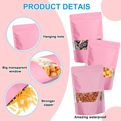 100PCS Mylar Bags for Food Storage, Smell Proof Bags Resealable Food Packaging for Small Business Stand Up Pouches with Window, 3.5" x5.1", Pink