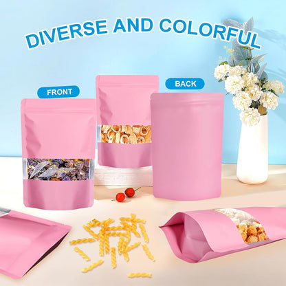 100PCS Mylar Bags for Food Storage, Smell Proof Bags Resealable Food Packaging for Small Business Stand Up Pouches with Window, 3.5" x5.1", Pink