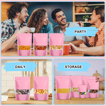100PCS Mylar Bags for Food Storage, Smell Proof Bags Resealable Food Packaging for Small Business Stand Up Pouches with Window, 3.5" x5.1", Pink