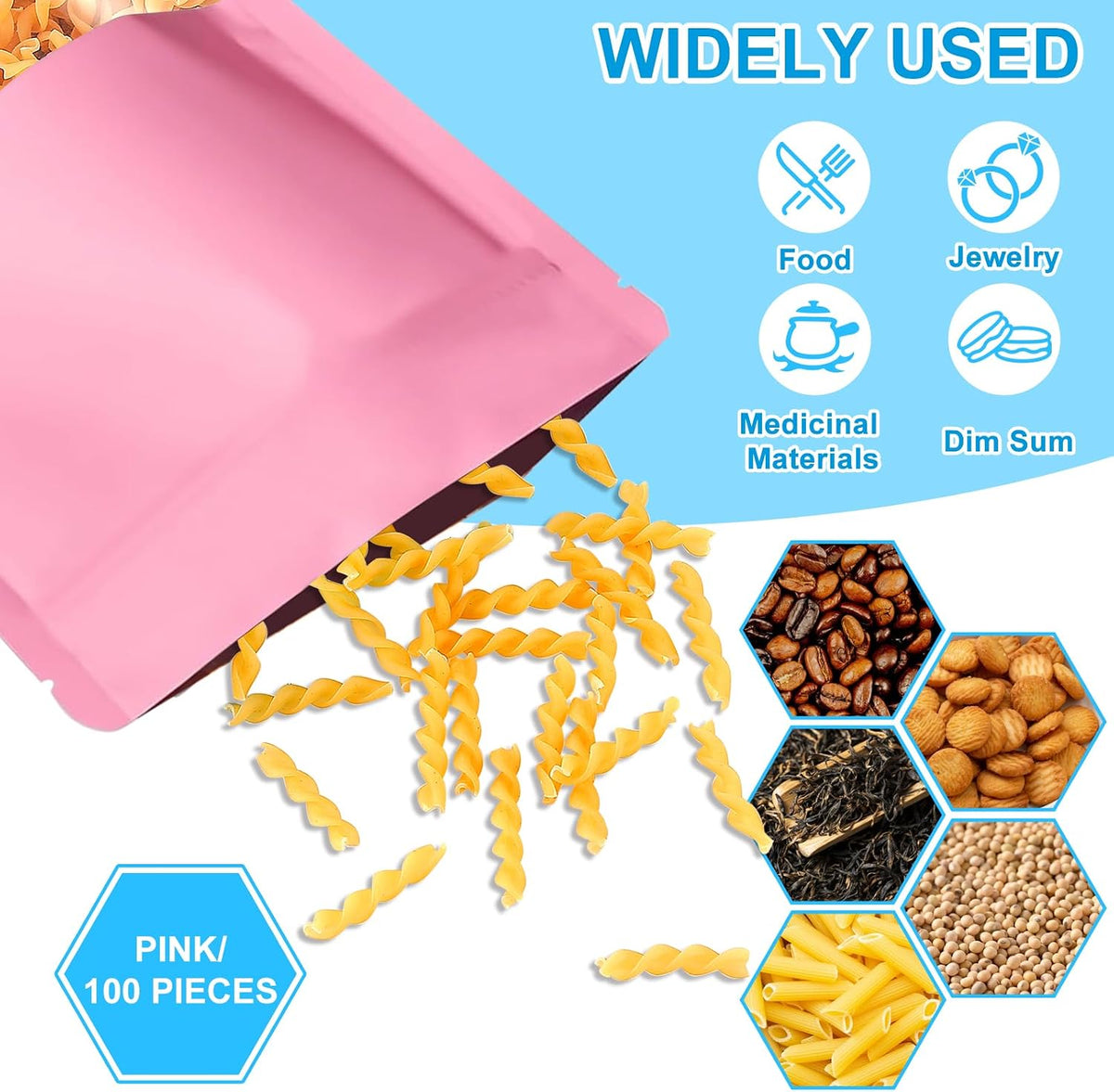 100PCS Mylar Bags for Food Storage, Smell Proof Bags Resealable Food Packaging for Small Business Stand Up Pouches with Window, 3.5" x5.1", Pink