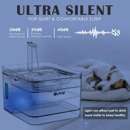 PETNF Transparent 3L/101oz Pet Water Fountain - Automatic Cat & Dog Dispenser with LED Light, Ultra Quiet Pump, 3 Flow Modes & 2 Filters