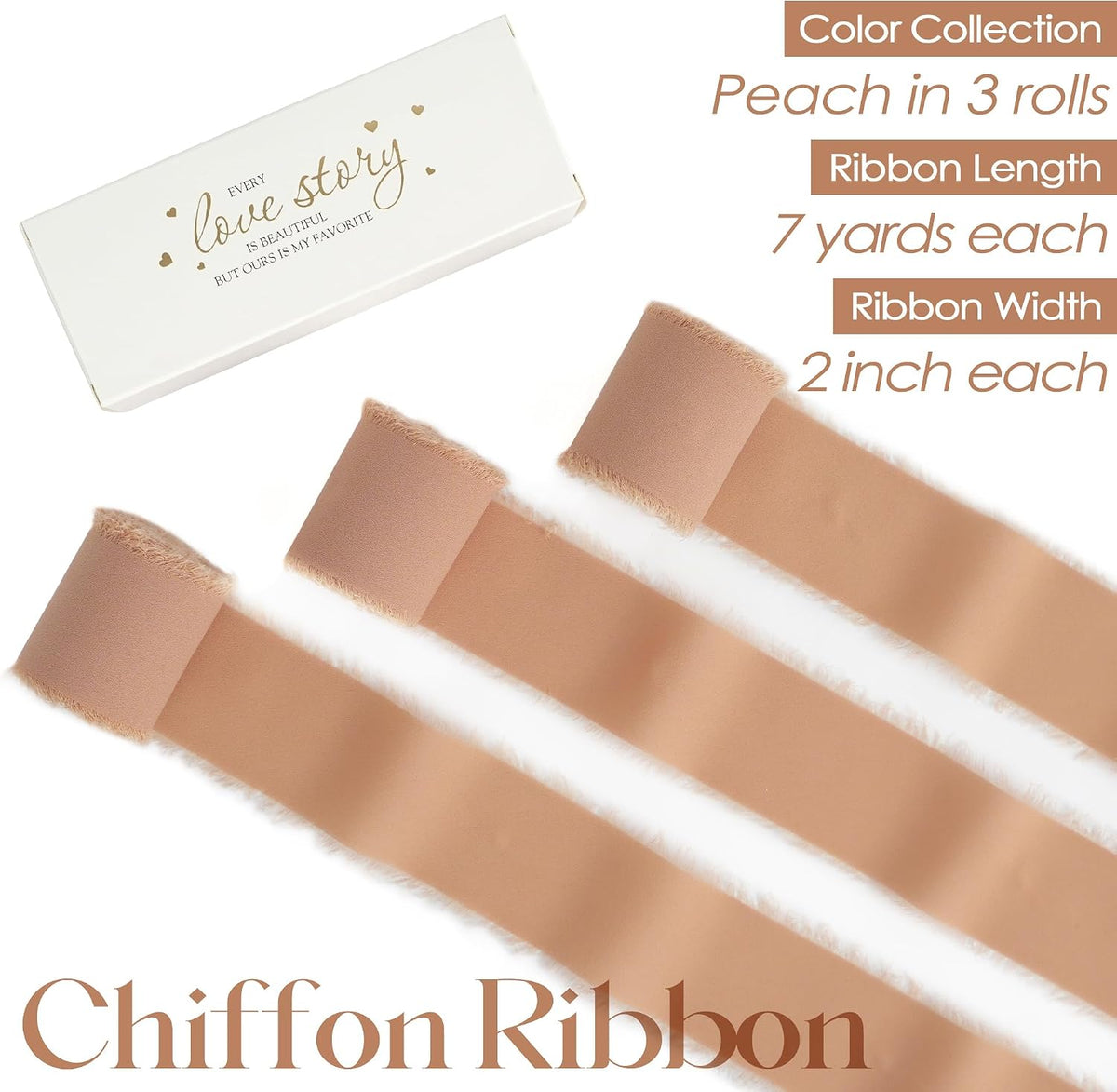 Peach Chiffon Ribbon 2 Inch Frayed Ribbon Fringe Chiffon Peach Ribbons for Crafts Silk Chiffon Ribbons for Gift Wrapping Wedding Invitation, Bridal Bouquet, Crafts Decor (3 Rolls 21 Yards)