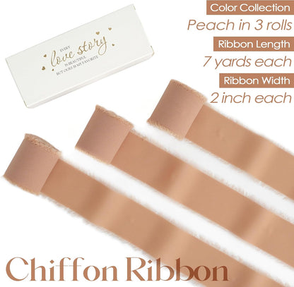 Peach Chiffon Ribbon 2 Inch Frayed Ribbon Fringe Chiffon Peach Ribbons for Crafts Silk Chiffon Ribbons for Gift Wrapping Wedding Invitation, Bridal Bouquet, Crafts Decor (3 Rolls 21 Yards)