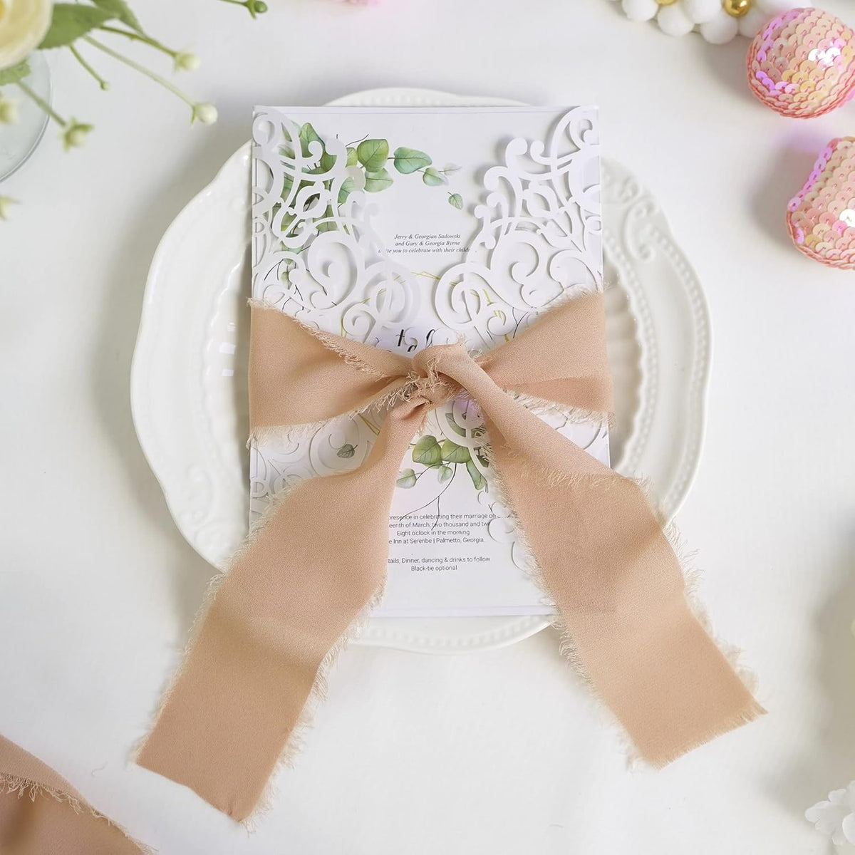 Peach Chiffon Ribbon 2 Inch Frayed Ribbon Fringe Chiffon Peach Ribbons for Crafts Silk Chiffon Ribbons for Gift Wrapping Wedding Invitation, Bridal Bouquet, Crafts Decor (3 Rolls 21 Yards)