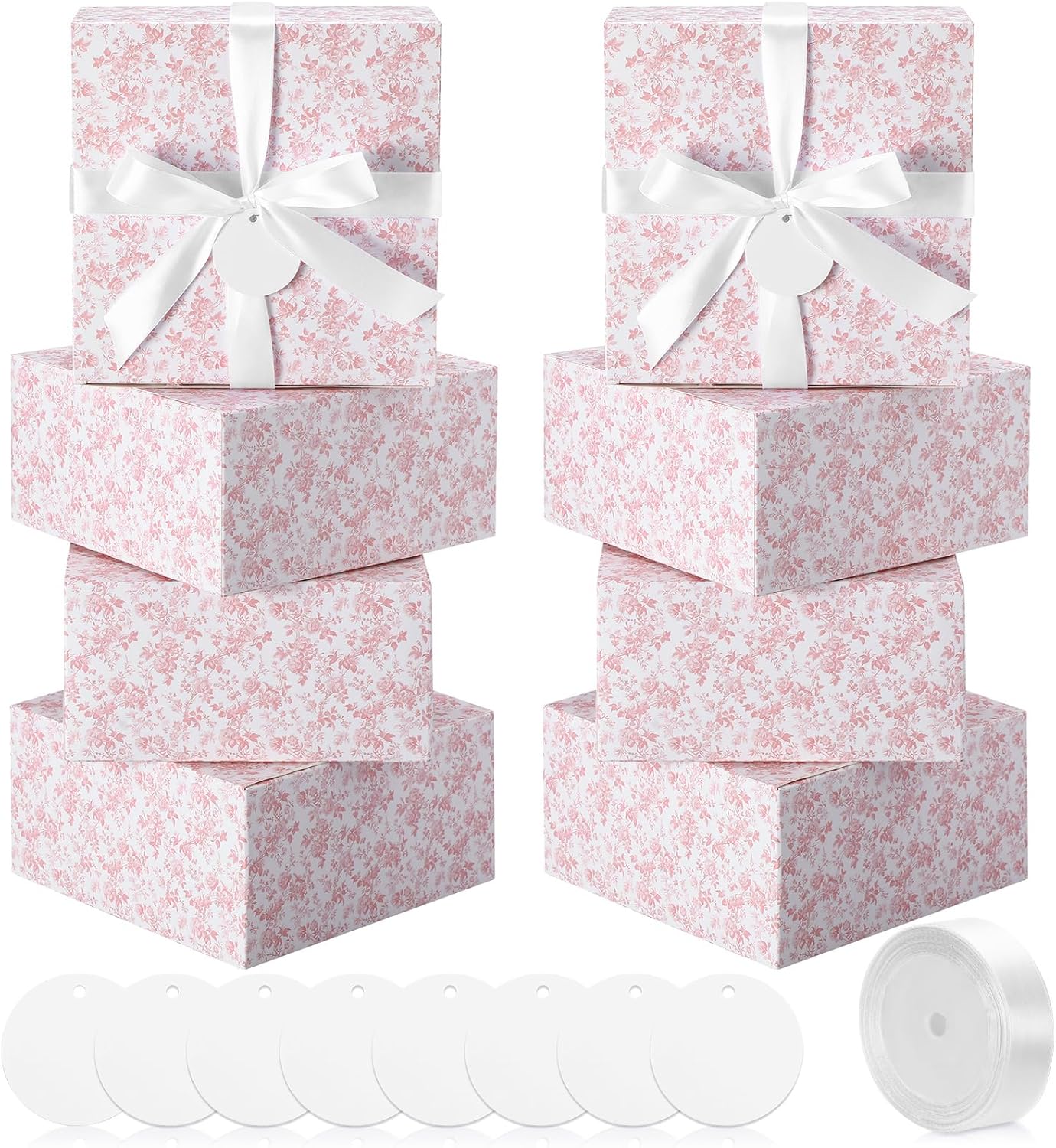 Pink 8 Pack Floral bridesmaid proposal Gift Boxes 8 x 8 x 4 Inch Flower Paper Boxes with Ribbon Label Card for Wedding Bridesmaid Gift Bridal Baby Shower Birthday Party Favor (Chinoiserie)