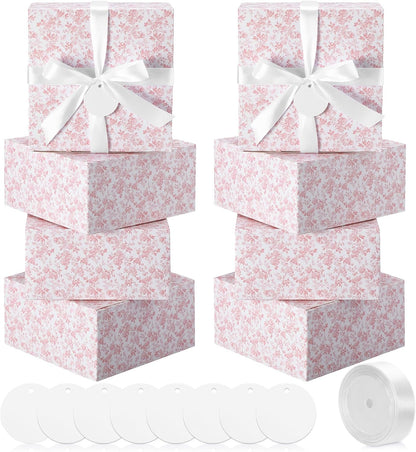 Pink 8 Pack Floral bridesmaid proposal Gift Boxes 8 x 8 x 4 Inch Flower Paper Boxes with Ribbon Label Card for Wedding Bridesmaid Gift Bridal Baby Shower Birthday Party Favor (Chinoiserie)