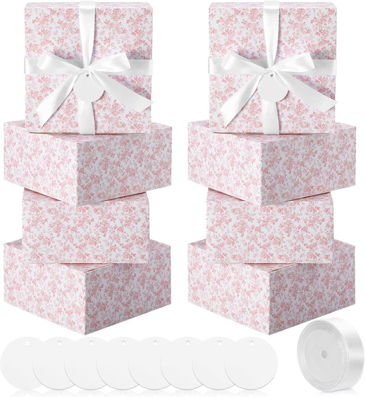 Pink 8 Pack Floral bridesmaid proposal Gift Boxes 8 x 8 x 4 Inch Flower Paper Boxes with Ribbon Label Card for Wedding Bridesmaid Gift Bridal Baby Shower Birthday Party Favor (Chinoiserie)