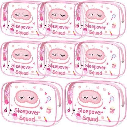 8 Pcs Sleepover Party Favors Sleepover Squad Make up Bags Waterproof Slumber Pajama Party Supplies Spa Birthday Overnight Sleep over Favors(Pink)