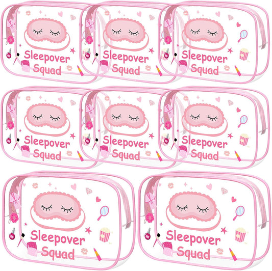 8 Pcs Sleepover Party Favors Sleepover Squad Make up Bags Waterproof Slumber Pajama Party Supplies Spa Birthday Overnight Sleep over Favors(Pink)