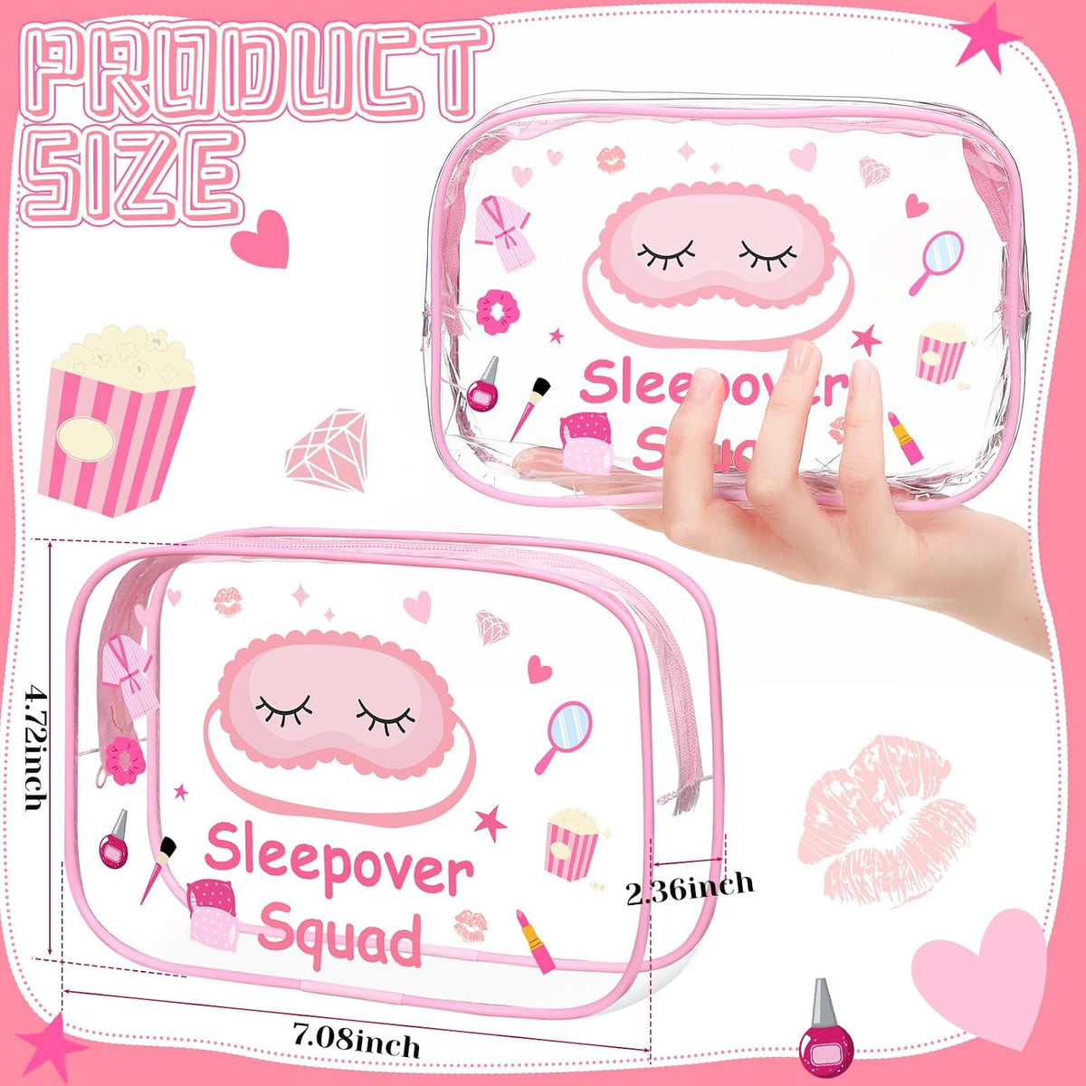 8 Pcs Sleepover Party Favors Sleepover Squad Make up Bags Waterproof Slumber Pajama Party Supplies Spa Birthday Overnight Sleep over Favors(Pink)