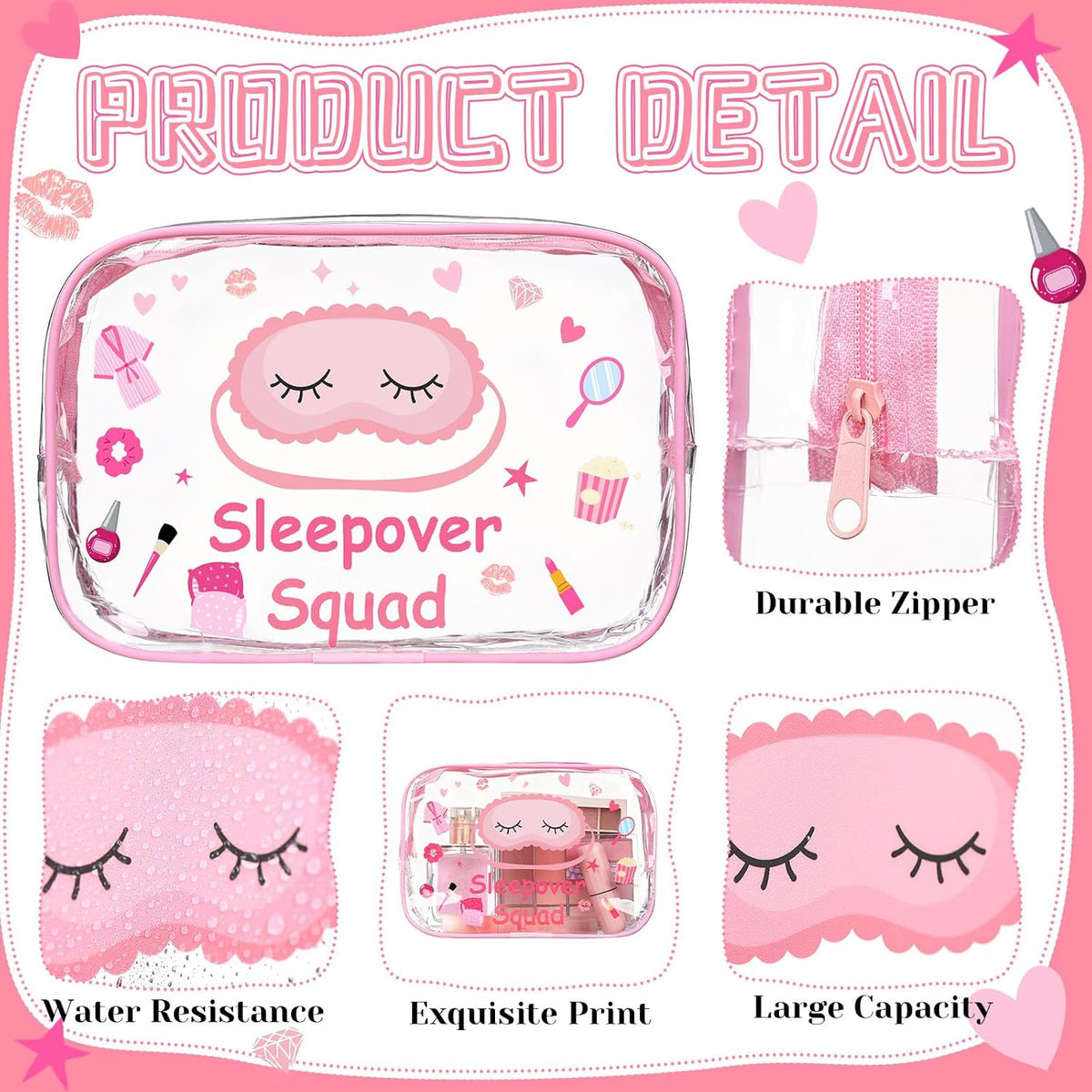 8 Pcs Sleepover Party Favors Sleepover Squad Make up Bags Waterproof Slumber Pajama Party Supplies Spa Birthday Overnight Sleep over Favors(Pink)