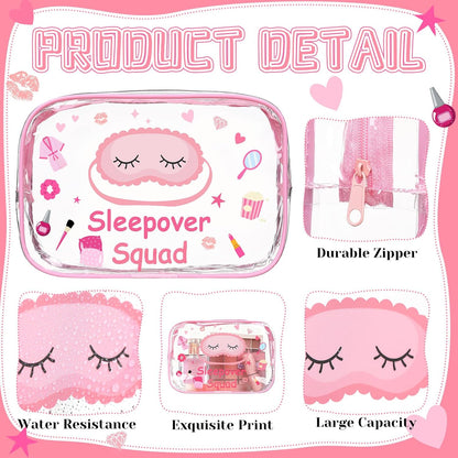 8 Pcs Sleepover Party Favors Sleepover Squad Make up Bags Waterproof Slumber Pajama Party Supplies Spa Birthday Overnight Sleep over Favors(Pink)