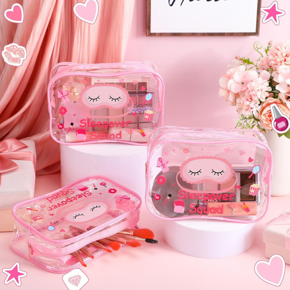 8 Pcs Sleepover Party Favors Sleepover Squad Make up Bags Waterproof Slumber Pajama Party Supplies Spa Birthday Overnight Sleep over Favors(Pink)