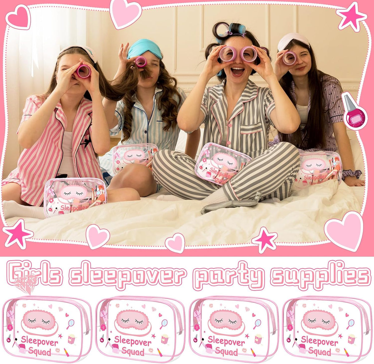8 Pcs Sleepover Party Favors Sleepover Squad Make up Bags Waterproof Slumber Pajama Party Supplies Spa Birthday Overnight Sleep over Favors(Pink)