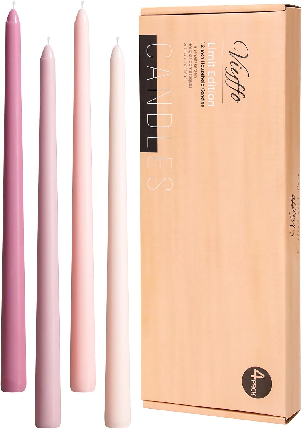 12 Inch Taper Candles Pink Set of 4 Unscented Smokeless Home Decor