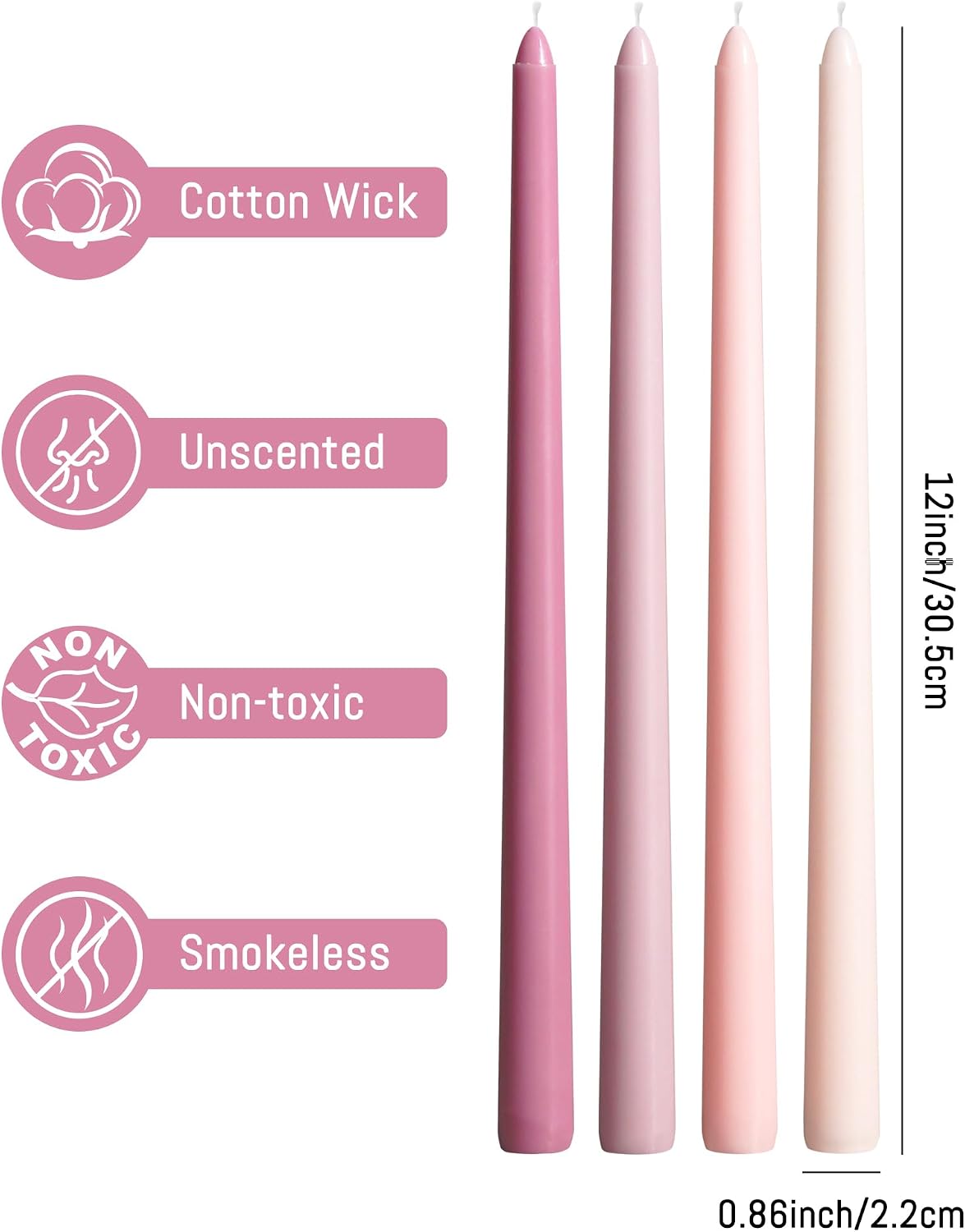 12 Inch Taper Candles Pink Set of 4 Unscented Smokeless Home Decor