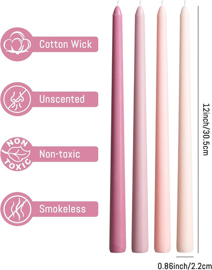 12 Inch Taper Candles Pink Set of 4 Unscented Smokeless Home Decor