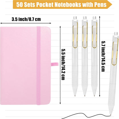 50 Sets Pocket Notebook Journal with Pens, 160 Pages, 3.5 x 5.5 Inch Mini Lined Journal Notebook A6 Leather Hardcover College Ruled Notepad with Pen Holder for School Office Gifts, Pink