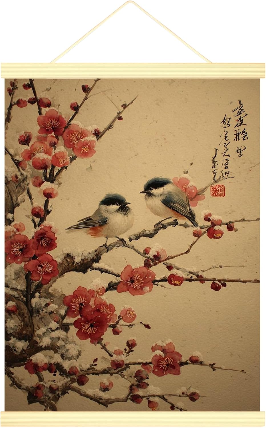 Birds Canvas Hanging Poster Wall Art, Traditional Japanese Cherries Blossoms Branches Spring Peach Wall Poster Hanging with Frame Home Classroom Office Cubicle Decor 12x16 Inches