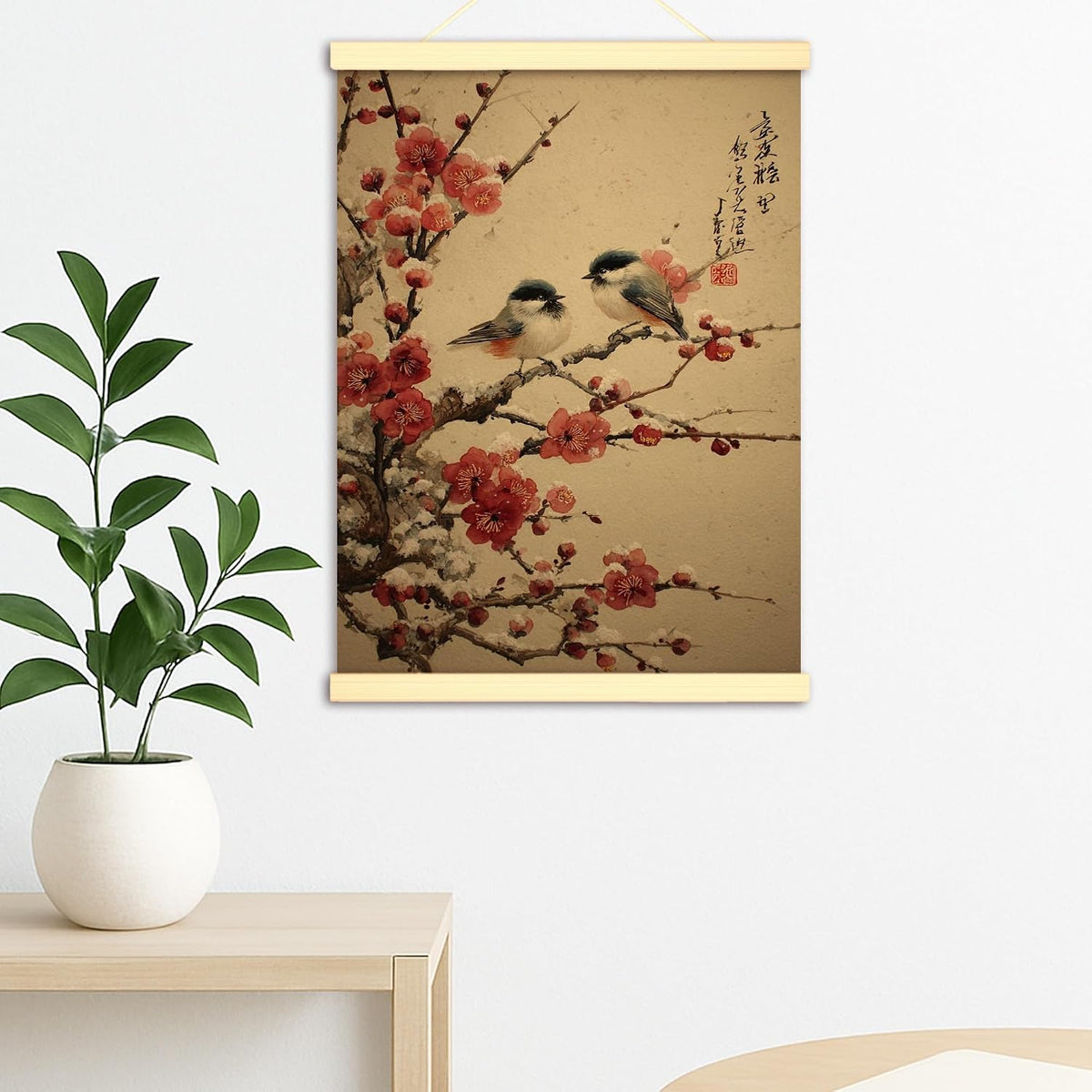 Birds Canvas Hanging Poster Wall Art, Traditional Japanese Cherries Blossoms Branches Spring Peach Wall Poster Hanging with Frame Home Classroom Office Cubicle Decor 12x16 Inches