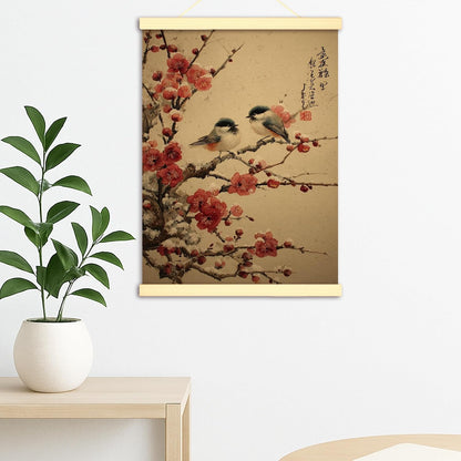 Birds Canvas Hanging Poster Wall Art, Traditional Japanese Cherries Blossoms Branches Spring Peach Wall Poster Hanging with Frame Home Classroom Office Cubicle Decor 12x16 Inches