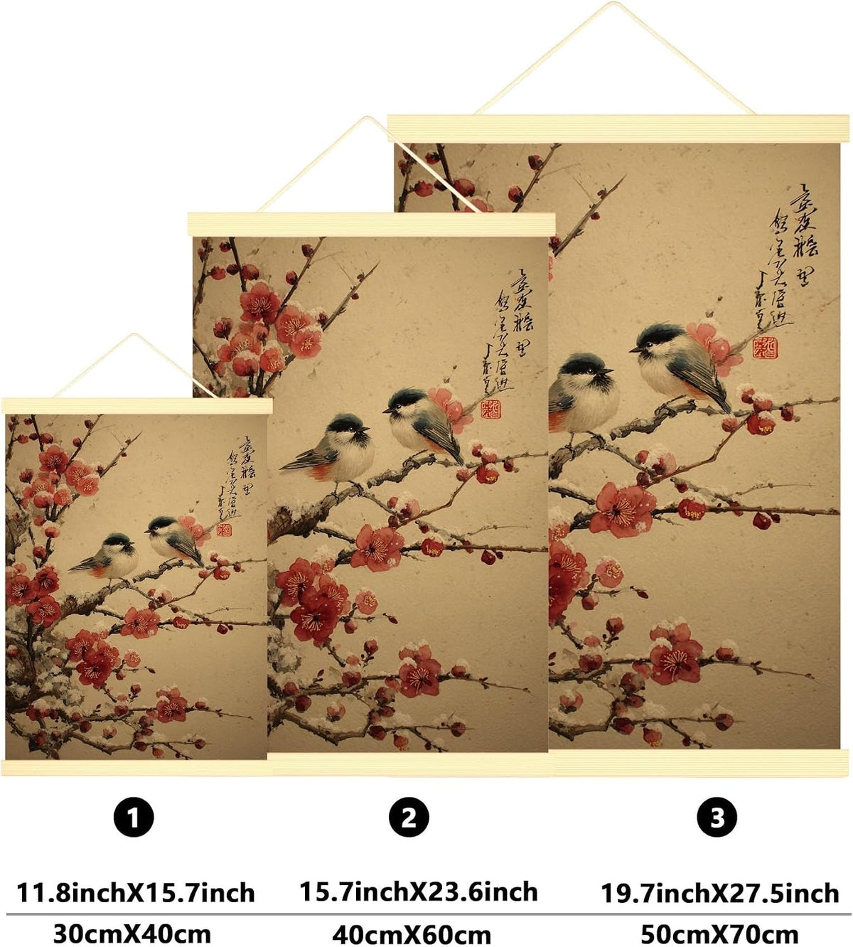 Birds Canvas Hanging Poster Wall Art, Traditional Japanese Cherries Blossoms Branches Spring Peach Wall Poster Hanging with Frame Home Classroom Office Cubicle Decor 12x16 Inches
