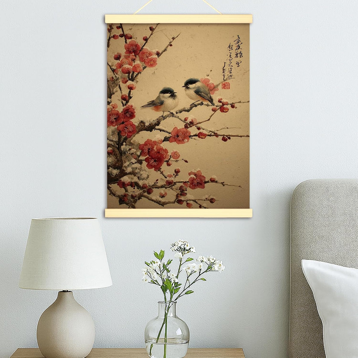 Birds Canvas Hanging Poster Wall Art, Traditional Japanese Cherries Blossoms Branches Spring Peach Wall Poster Hanging with Frame Home Classroom Office Cubicle Decor 12x16 Inches