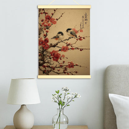 Birds Canvas Hanging Poster Wall Art, Traditional Japanese Cherries Blossoms Branches Spring Peach Wall Poster Hanging with Frame Home Classroom Office Cubicle Decor 12x16 Inches