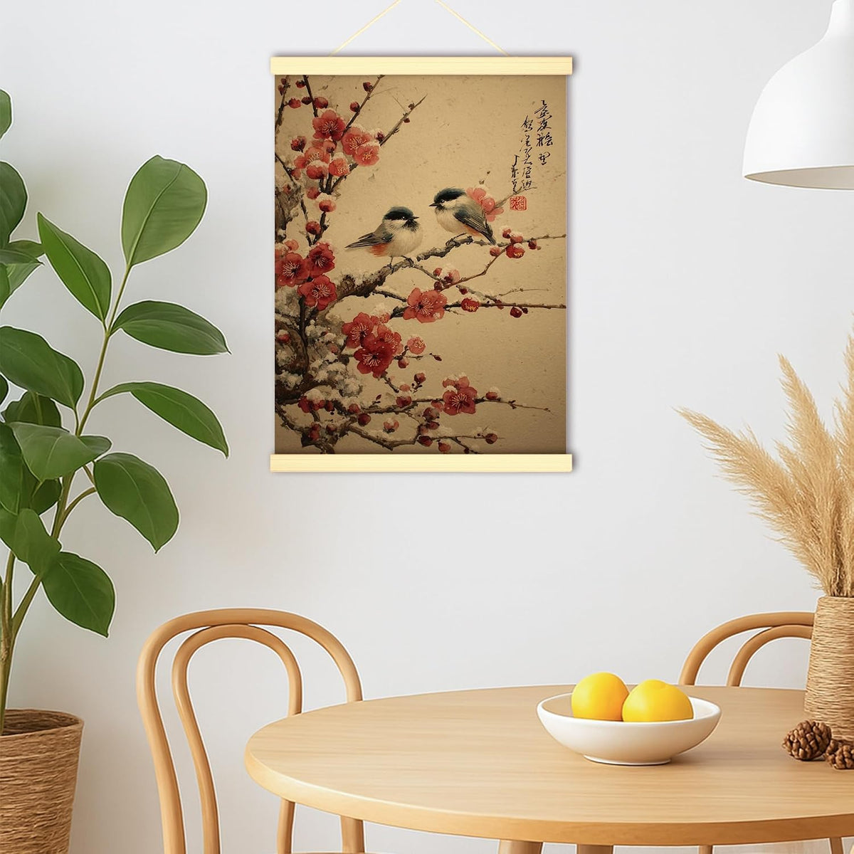 Birds Canvas Hanging Poster Wall Art, Traditional Japanese Cherries Blossoms Branches Spring Peach Wall Poster Hanging with Frame Home Classroom Office Cubicle Decor 12x16 Inches