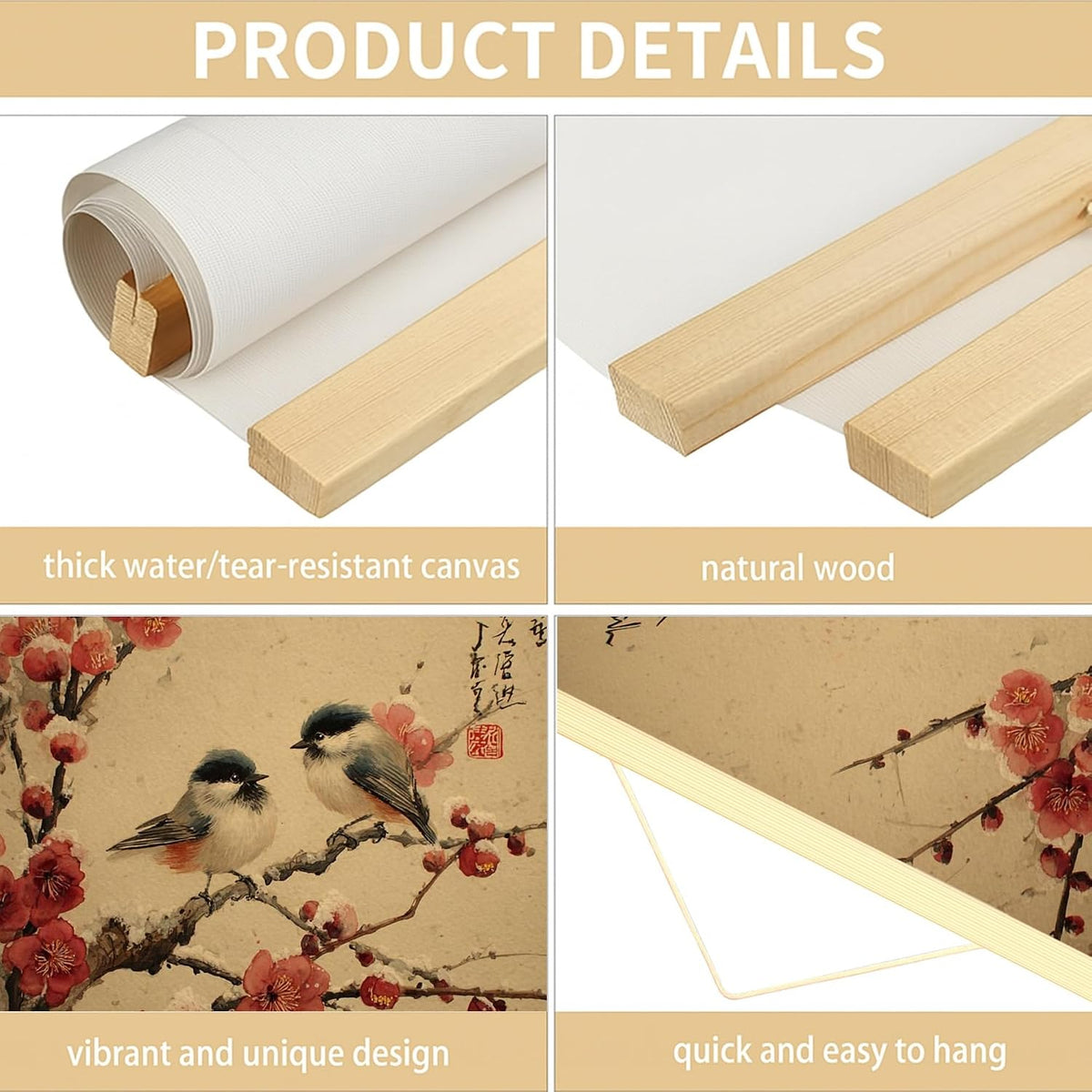 Birds Canvas Hanging Poster Wall Art, Traditional Japanese Cherries Blossoms Branches Spring Peach Wall Poster Hanging with Frame Home Classroom Office Cubicle Decor 12x16 Inches