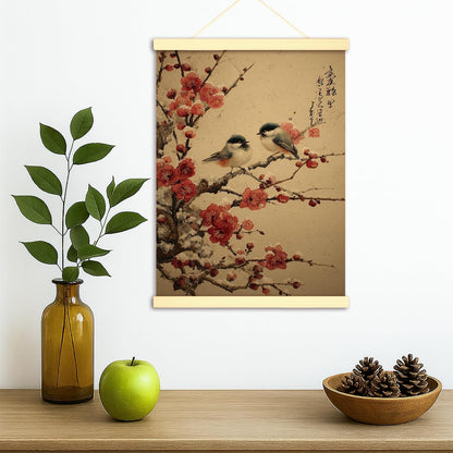 Birds Canvas Hanging Poster Wall Art, Traditional Japanese Cherries Blossoms Branches Spring Peach Wall Poster Hanging with Frame Home Classroom Office Cubicle Decor 12x16 Inches