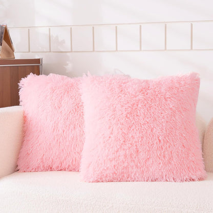 Faux Fur Pink Throw Pillow Covers, Fluffy Soft Fuzzy Decorative Pillow Cases Cute Pillowcases for Home Bedroom Living Room, Zipper Closure, Set of 2 (Pink, 18"x 18")