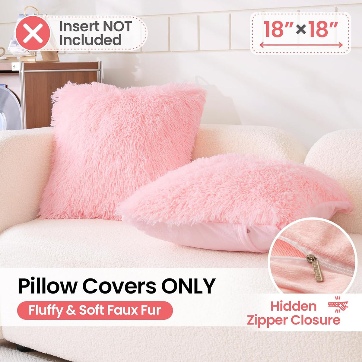 Faux Fur Pink Throw Pillow Covers, Fluffy Soft Fuzzy Decorative Pillow Cases Cute Pillowcases for Home Bedroom Living Room, Zipper Closure, Set of 2 (Pink, 18"x 18")