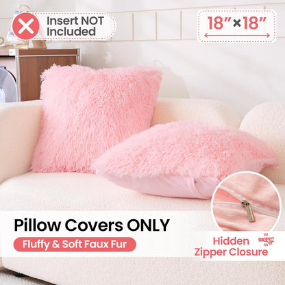 Faux Fur Pink Throw Pillow Covers, Fluffy Soft Fuzzy Decorative Pillow Cases Cute Pillowcases for Home Bedroom Living Room, Zipper Closure, Set of 2 (Pink, 18"x 18")