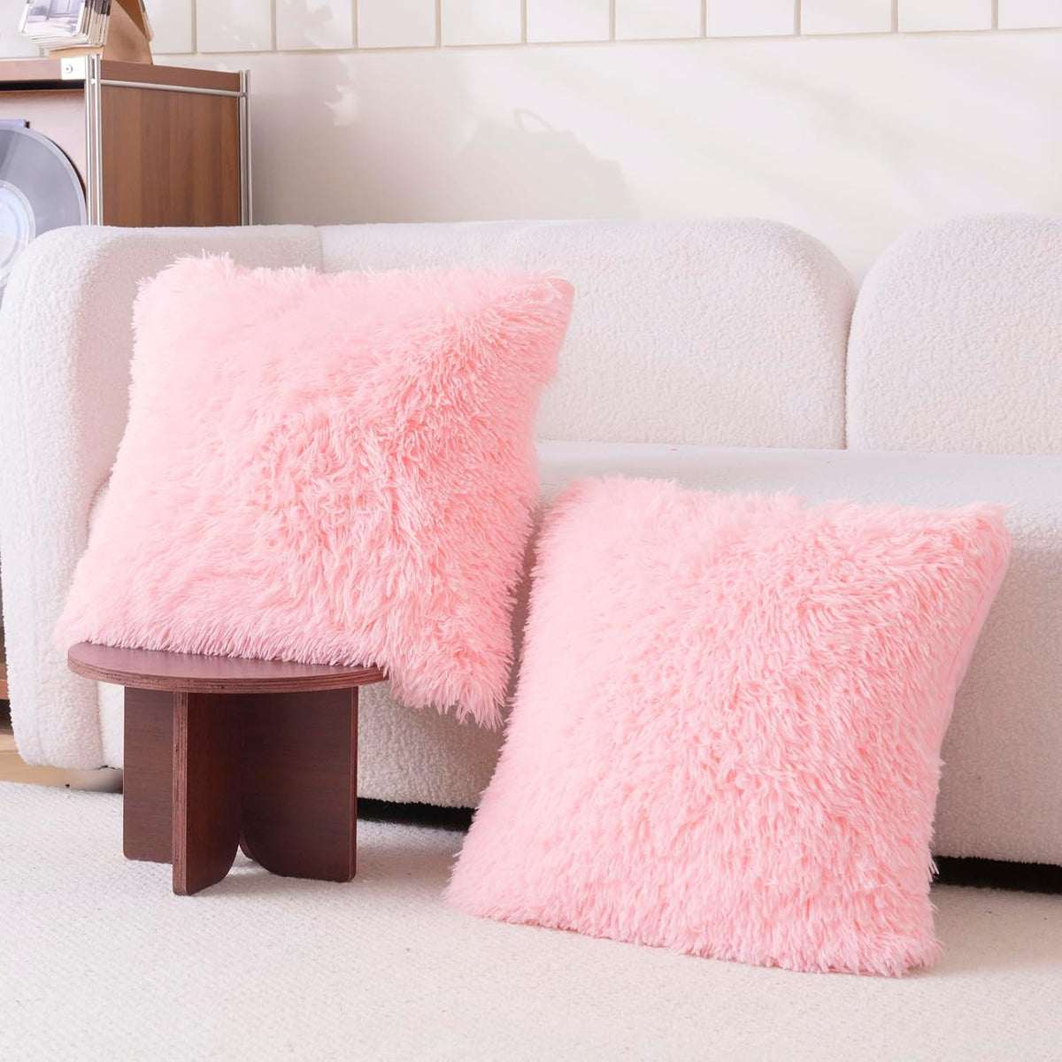 Faux Fur Pink Throw Pillow Covers, Fluffy Soft Fuzzy Decorative Pillow Cases Cute Pillowcases for Home Bedroom Living Room, Zipper Closure, Set of 2 (Pink, 18"x 18")