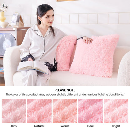 Faux Fur Pink Throw Pillow Covers, Fluffy Soft Fuzzy Decorative Pillow Cases Cute Pillowcases for Home Bedroom Living Room, Zipper Closure, Set of 2 (Pink, 18"x 18")
