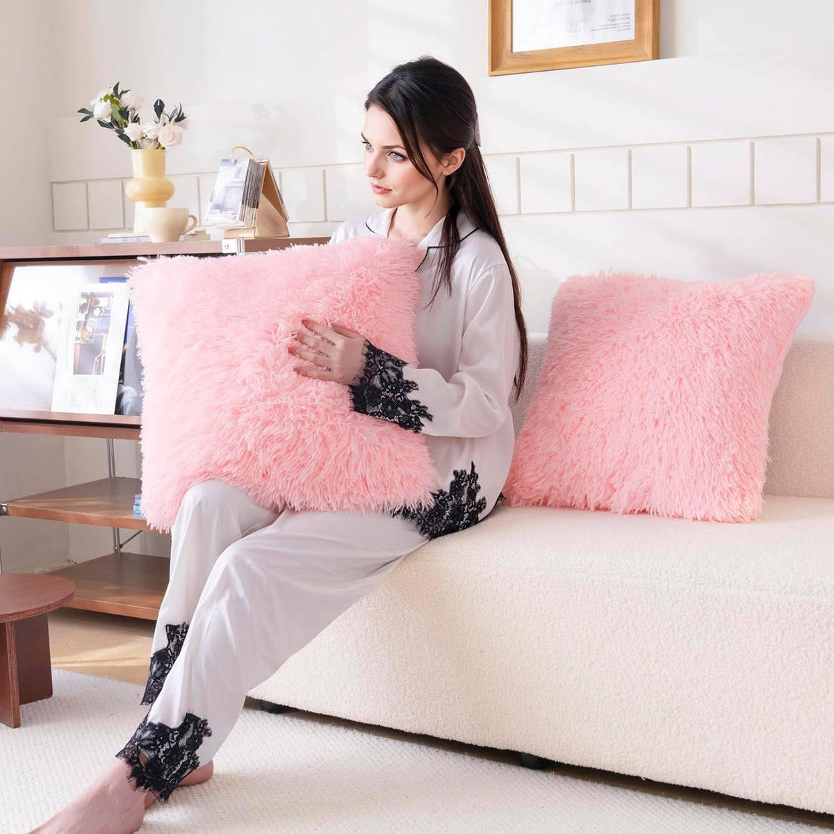 Faux Fur Pink Throw Pillow Covers, Fluffy Soft Fuzzy Decorative Pillow Cases Cute Pillowcases for Home Bedroom Living Room, Zipper Closure, Set of 2 (Pink, 18"x 18")