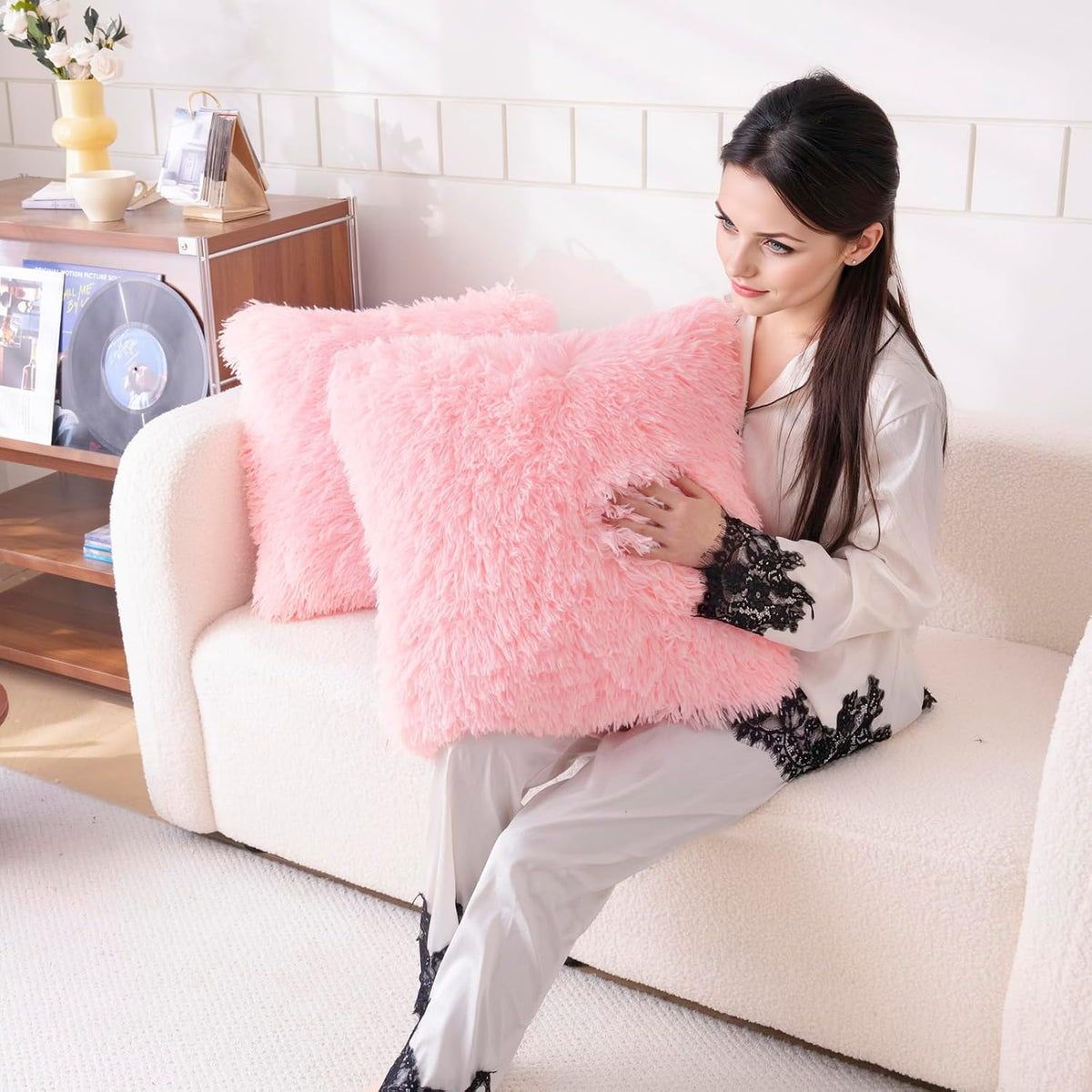 Faux Fur Pink Throw Pillow Covers, Fluffy Soft Fuzzy Decorative Pillow Cases Cute Pillowcases for Home Bedroom Living Room, Zipper Closure, Set of 2 (Pink, 18"x 18")