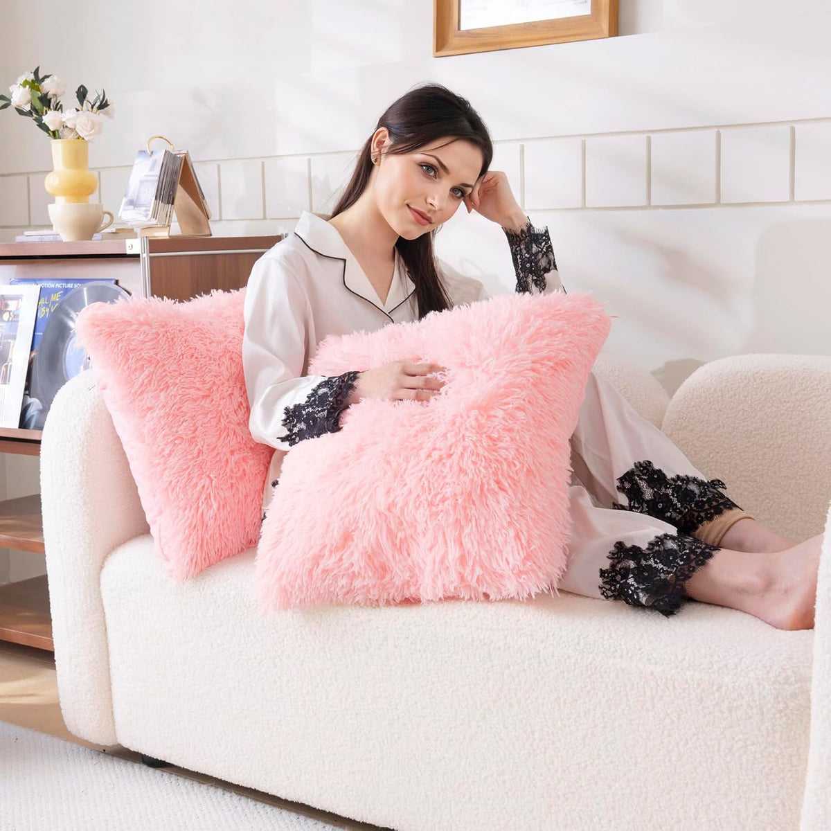 Faux Fur Pink Throw Pillow Covers, Fluffy Soft Fuzzy Decorative Pillow Cases Cute Pillowcases for Home Bedroom Living Room, Zipper Closure, Set of 2 (Pink, 18"x 18")