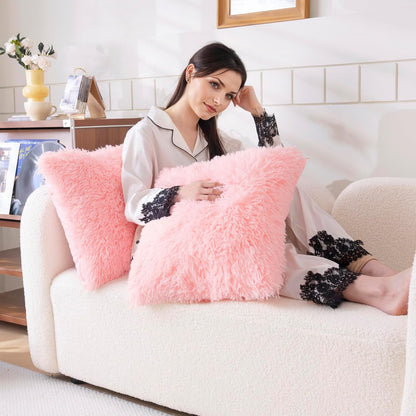 Faux Fur Pink Throw Pillow Covers, Fluffy Soft Fuzzy Decorative Pillow Cases Cute Pillowcases for Home Bedroom Living Room, Zipper Closure, Set of 2 (Pink, 18"x 18")