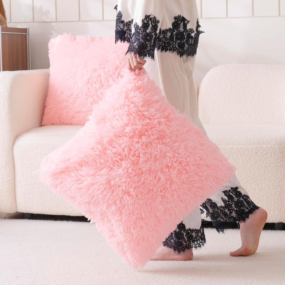 Faux Fur Pink Throw Pillow Covers, Fluffy Soft Fuzzy Decorative Pillow Cases Cute Pillowcases for Home Bedroom Living Room, Zipper Closure, Set of 2 (Pink, 18"x 18")