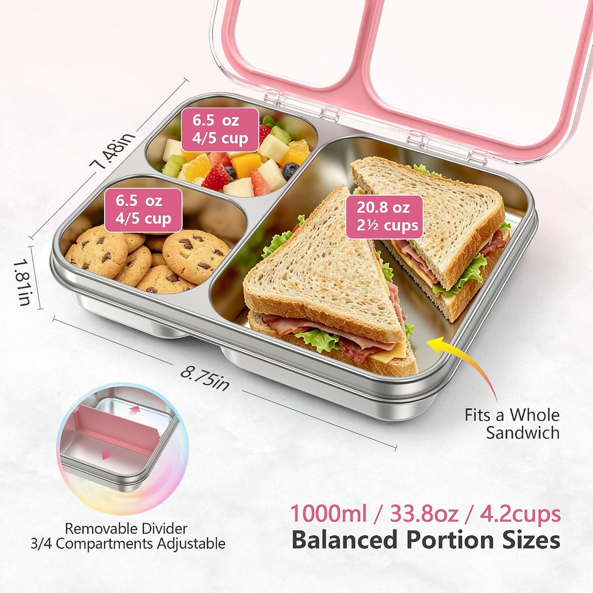 Stainless Steel Bento Lunch Box, 34oz/1000ml, Pink