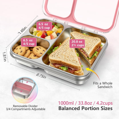 Stainless Steel Bento Lunch Box, 34oz/1000ml, Pink