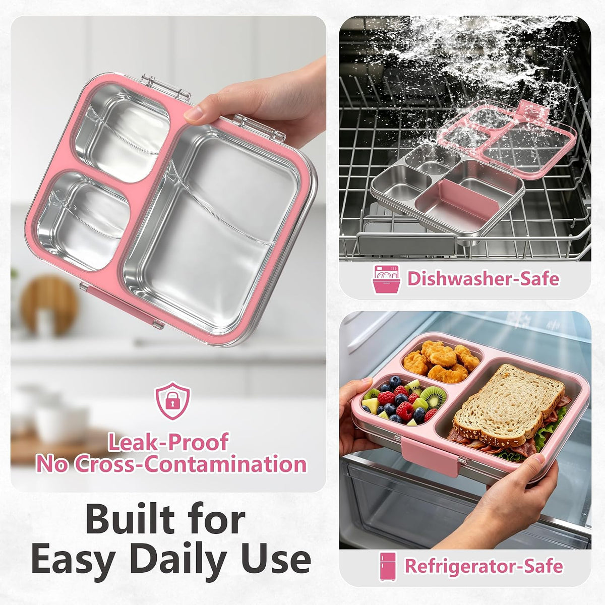 Stainless Steel Bento Lunch Box, 34oz/1000ml, Pink