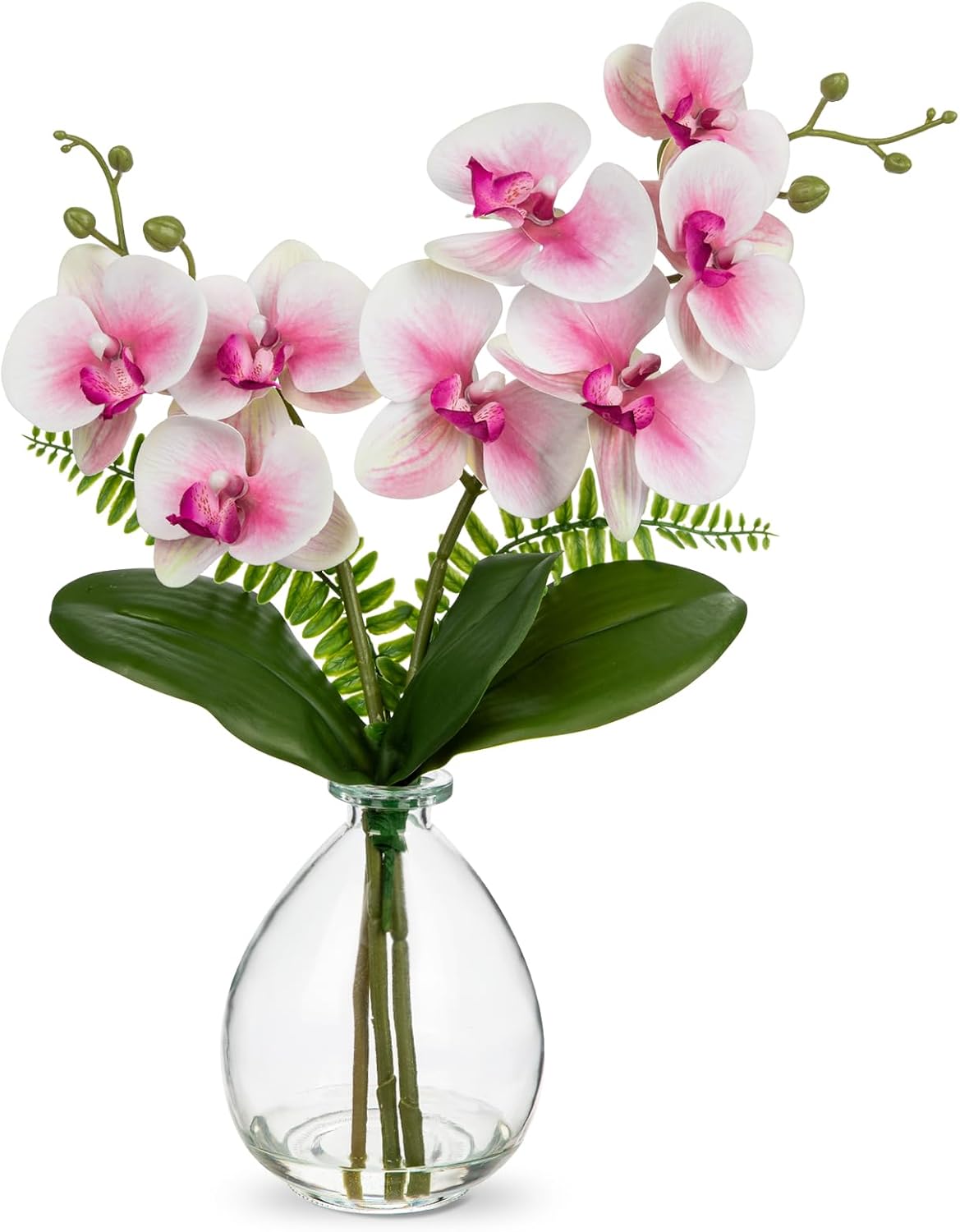 Pink Orchids Artificial Flowers, Faux Orchid in Glass Vase Real Touch Small Phalaenopsis Orchid Flowers Arrangements with Clear Vase Orchids Centerpiece for Dining Room Table