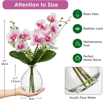 Pink Orchids Artificial Flowers, Faux Orchid in Glass Vase Real Touch Small Phalaenopsis Orchid Flowers Arrangements with Clear Vase Orchids Centerpiece for Dining Room Table